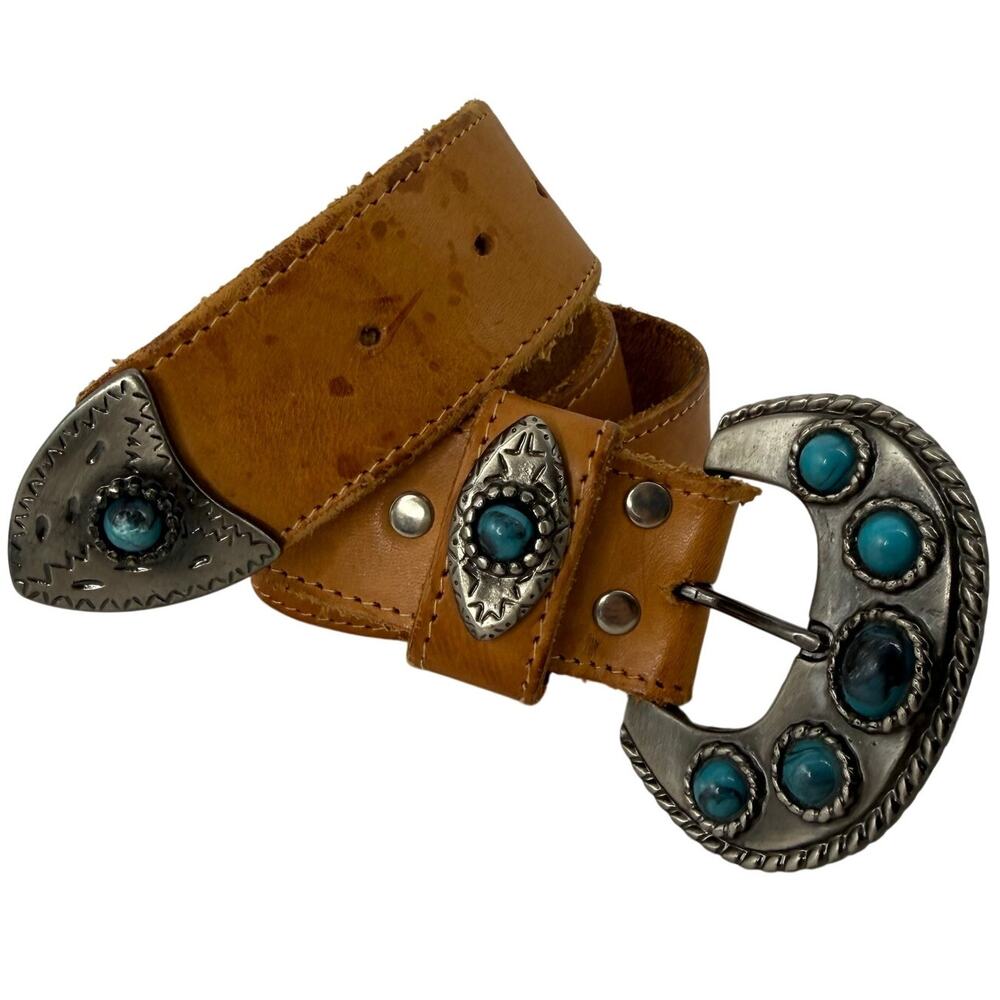 Western Brown Genuine Leather Belt Turquoise Concho Buckle M